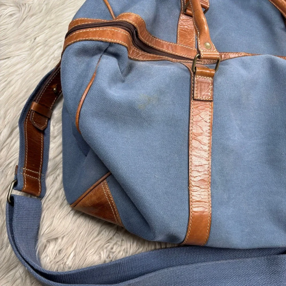 Vintage Fossil Blue Canvas Brown Leather Duffle Bag Travel Classic Preppy Retro